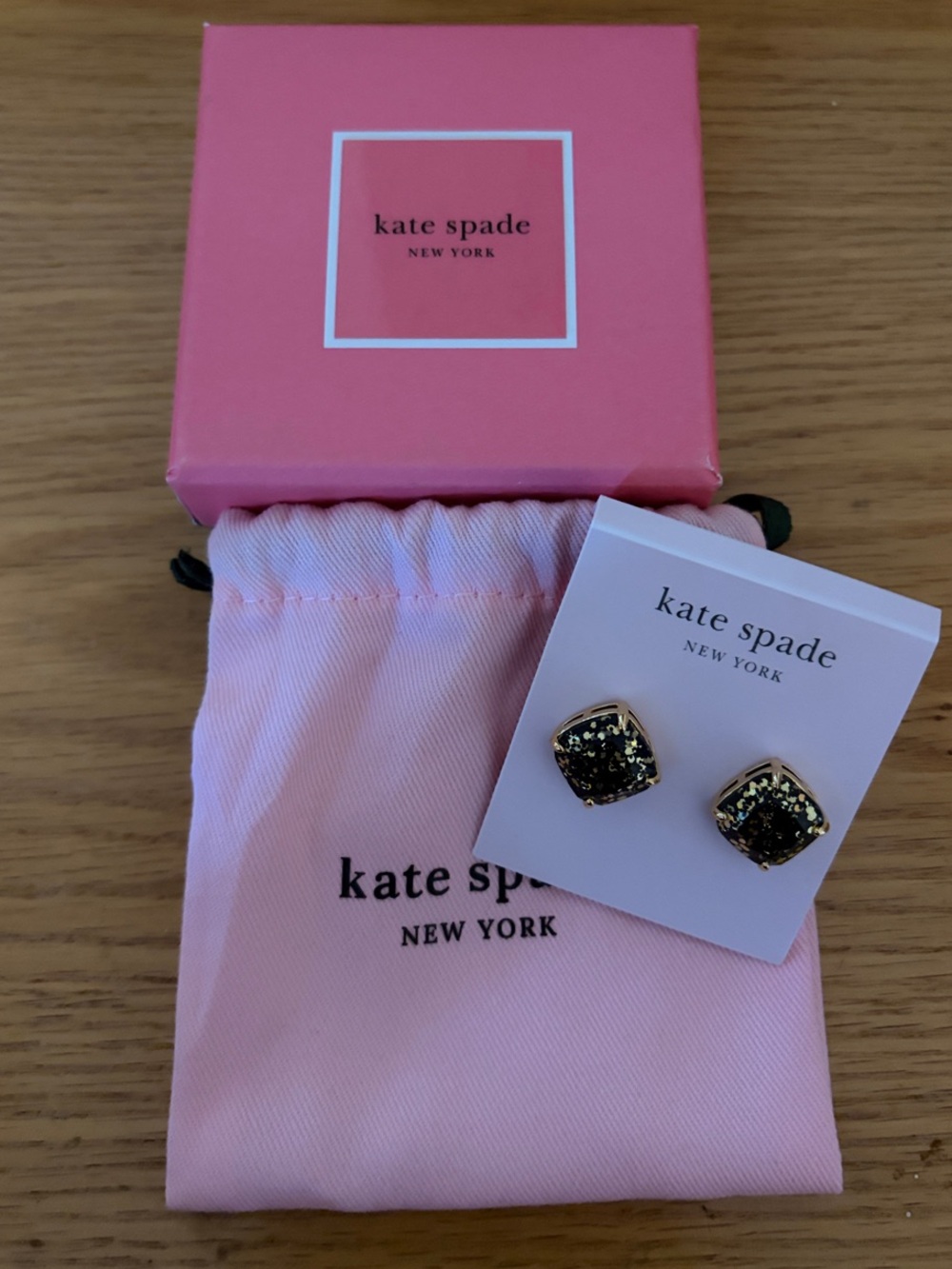 kate spade Black Glitter Gold-Trim Square Stud Earrings with Pink Pouch